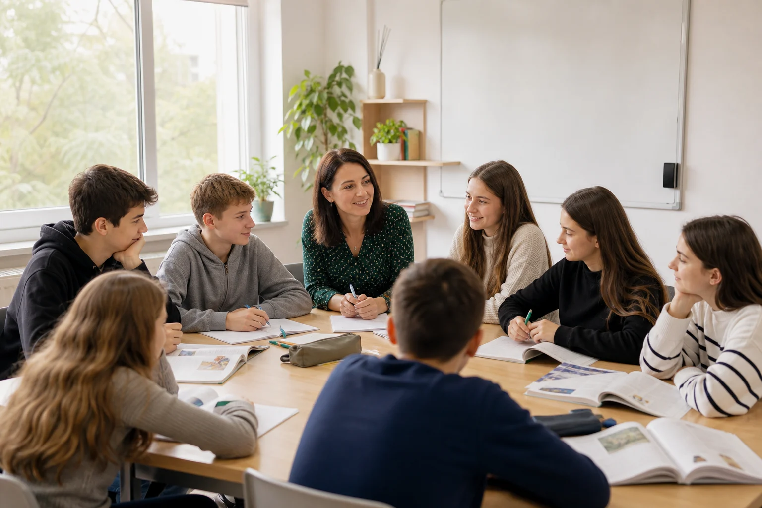 Profesoară și cursanți la o lecție de limbi străine