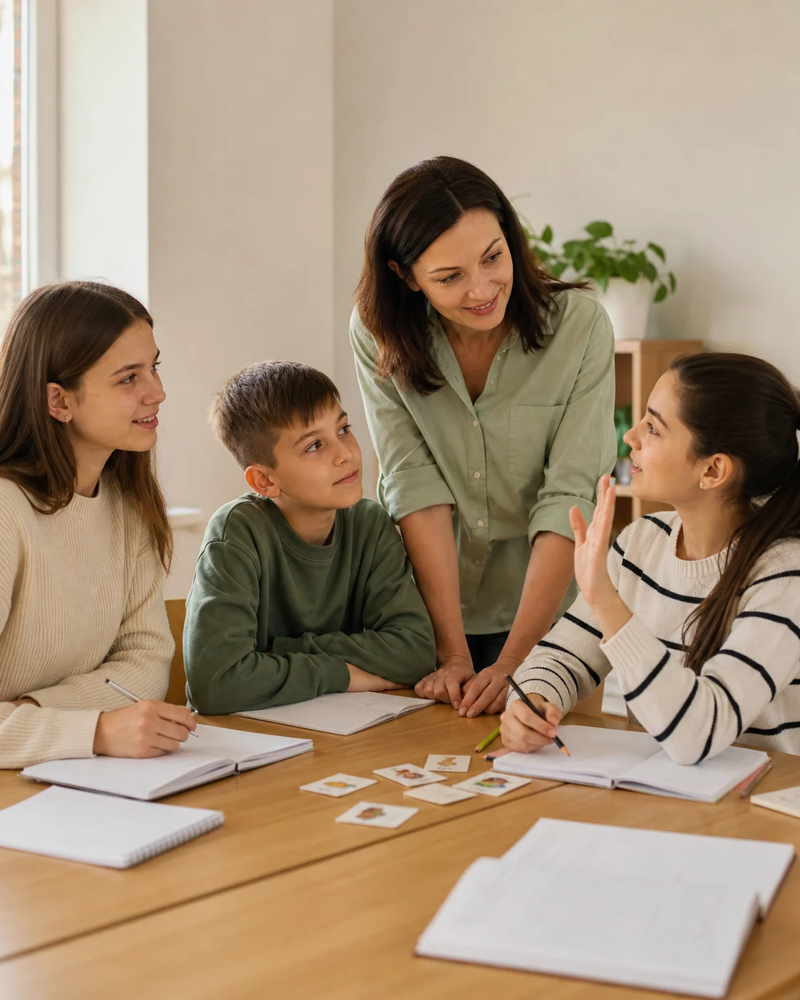 Scenă ilustrativă cu o profesoară care răspunde întrebării unei cursante la o lecție de limbi străine